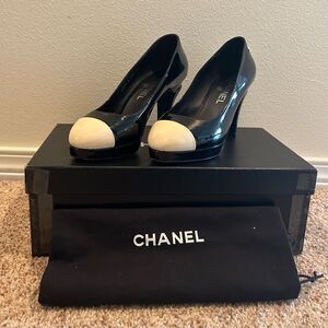 CHANEL 36.5 Patent Leather Black White Toe Cap Pumps Stiletto Heels